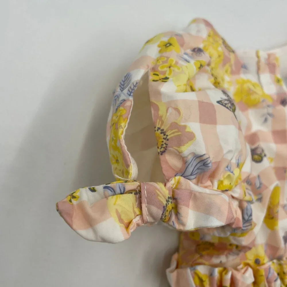 Haute Hippie Dress Gingham Floral Girl Size 2T Pink Yellow White‎ Puffed Sleeve